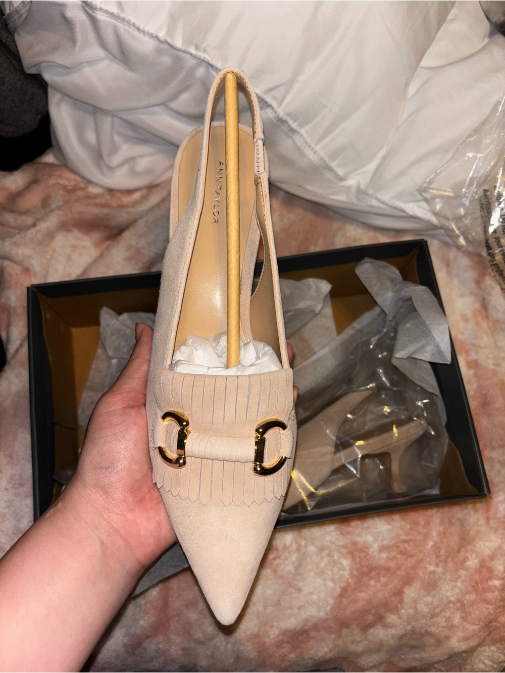 Ann Taylor Beige Suede Pointed Toe Kiltie Slingback with Gold Buckle